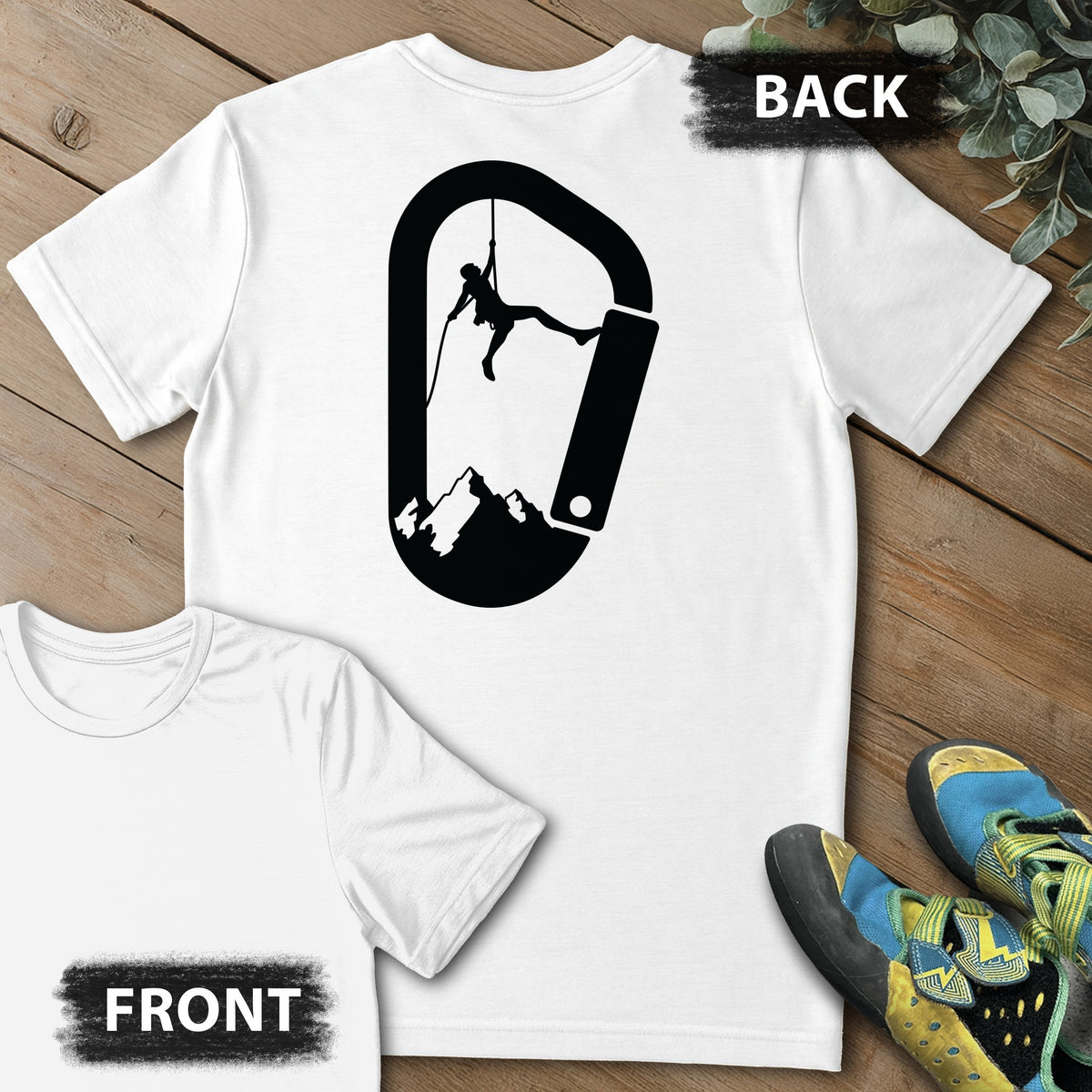 Carabinger Climb Backprint Tee in White — flat lay mockup