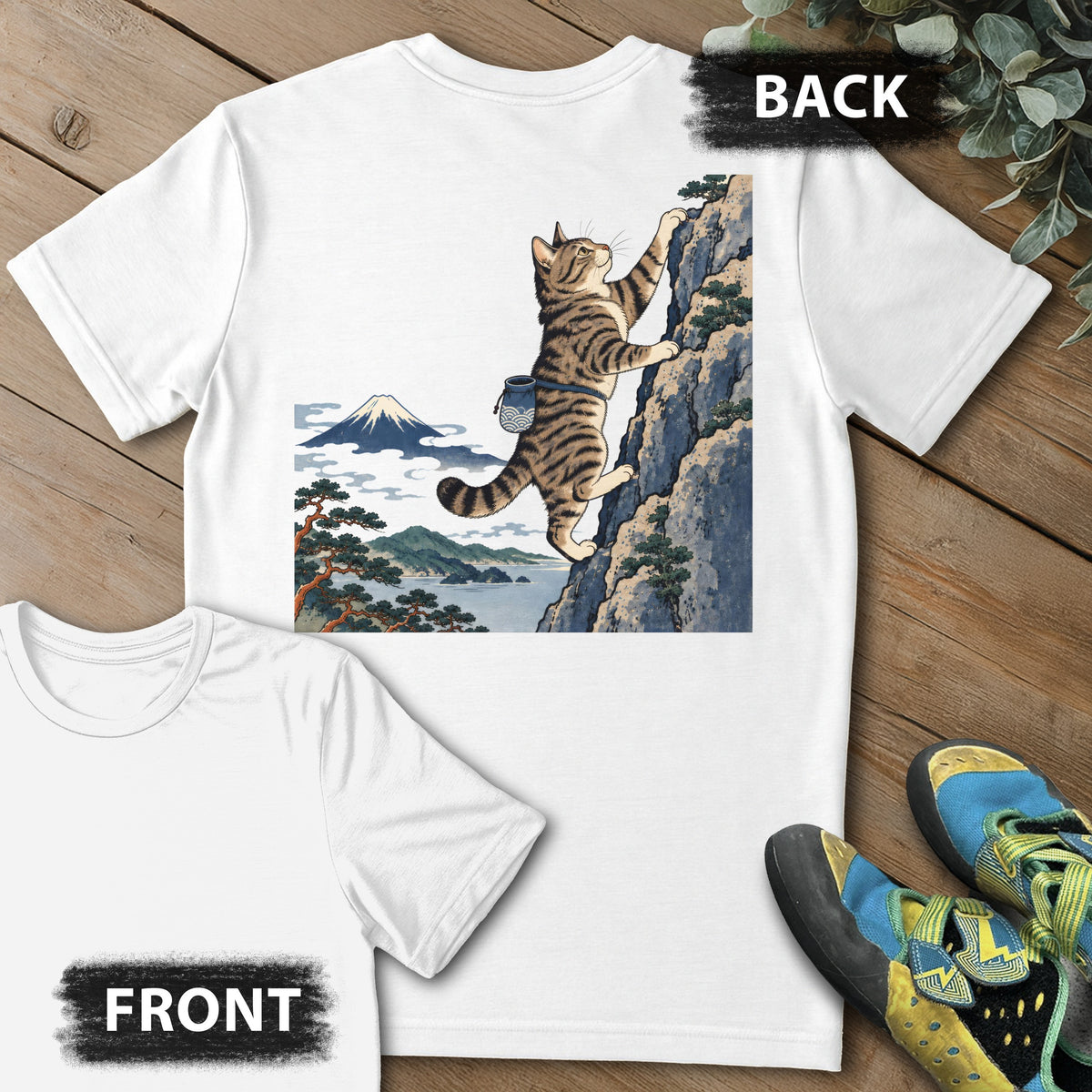 Cat Woodblock Climb Backprint Tee in White — flat lay mockup