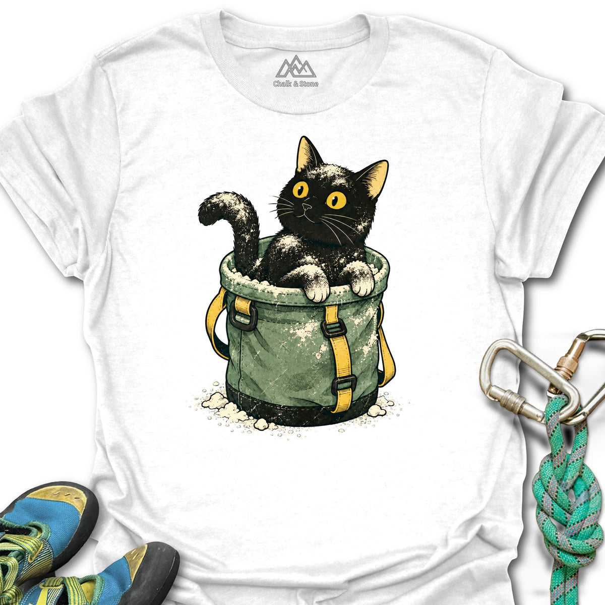 Chalk Bucket Cat Tee in White — flat lay mockup