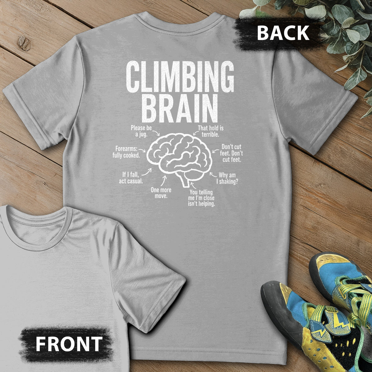 Climb Brain Backprint Tee in Sport Grey — flat lay mockup