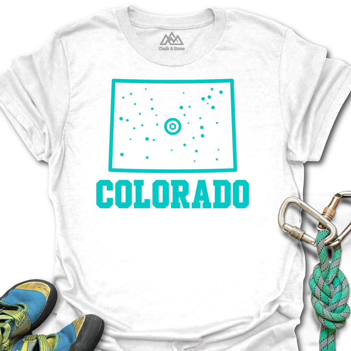 Colorado Climbing Hold Tee in White — flat lay mockup