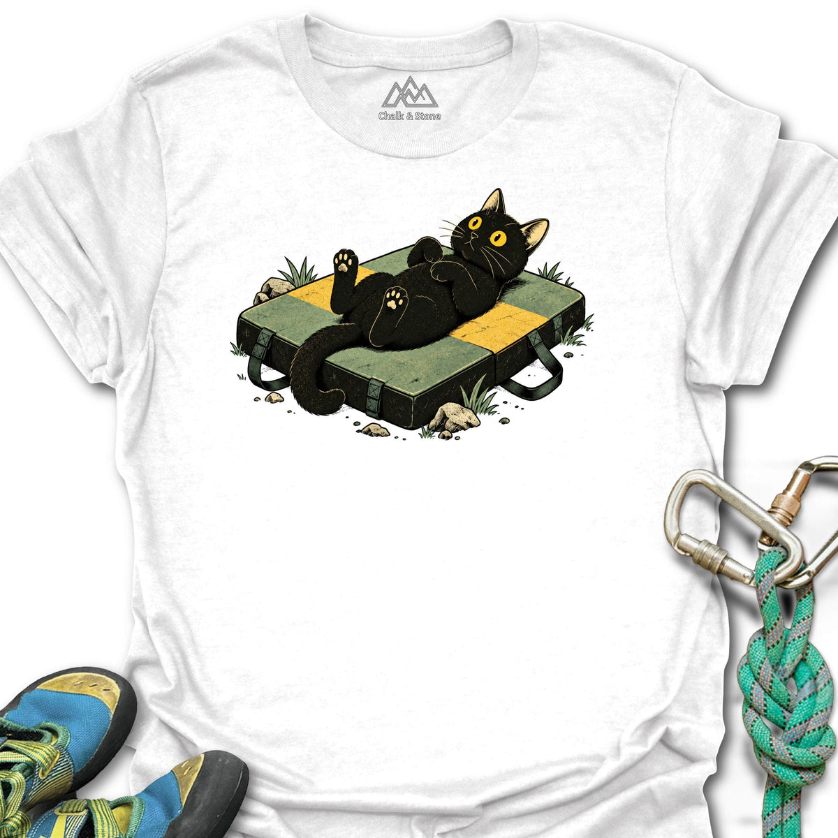 Crash Pad Belly Up Cat Tee in White — flat lay mockup