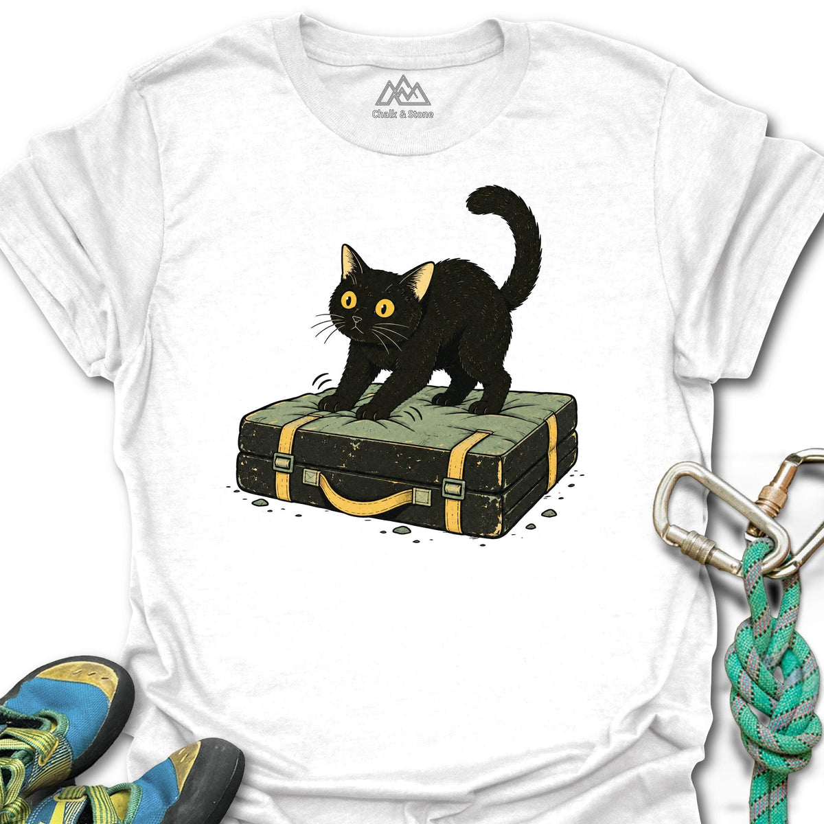 Crash Pad Biscuits Cat Tee in White — flat lay mockup