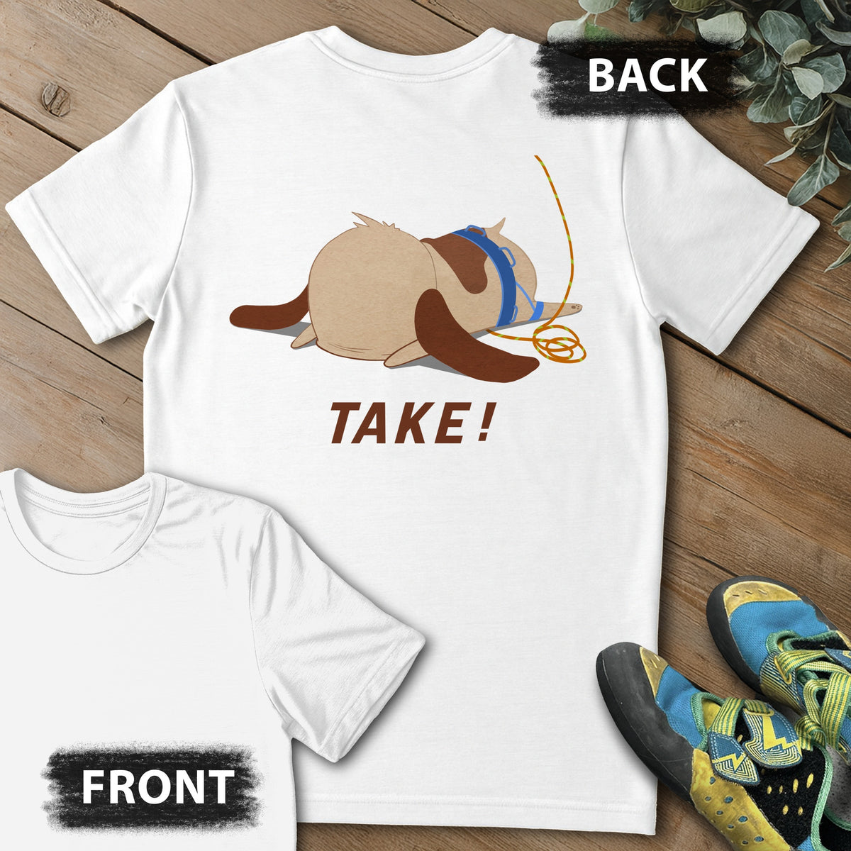 Dog TAKE Backprint Tee in White — flat lay mockup