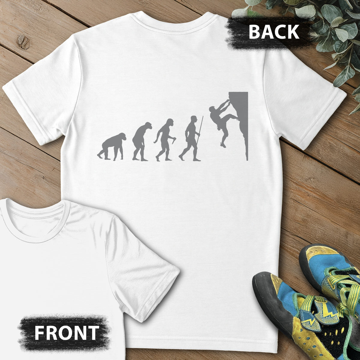 Evolution of Climber Backprint Tee in White — flat lay mockup