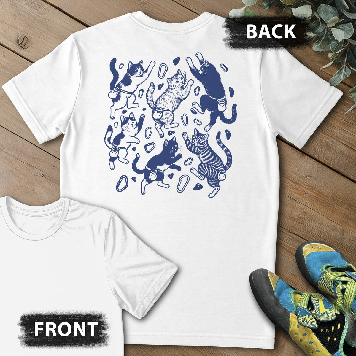 Floating Cat Climb Backprint Tee in White — flat lay mockup