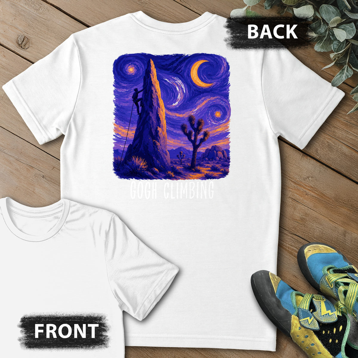 Gogh Climbing Backprint Tee in White — flat lay mockup