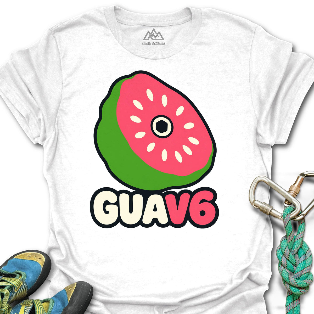 GUAV6 Guava Hold Tee in White — flat lay mockup