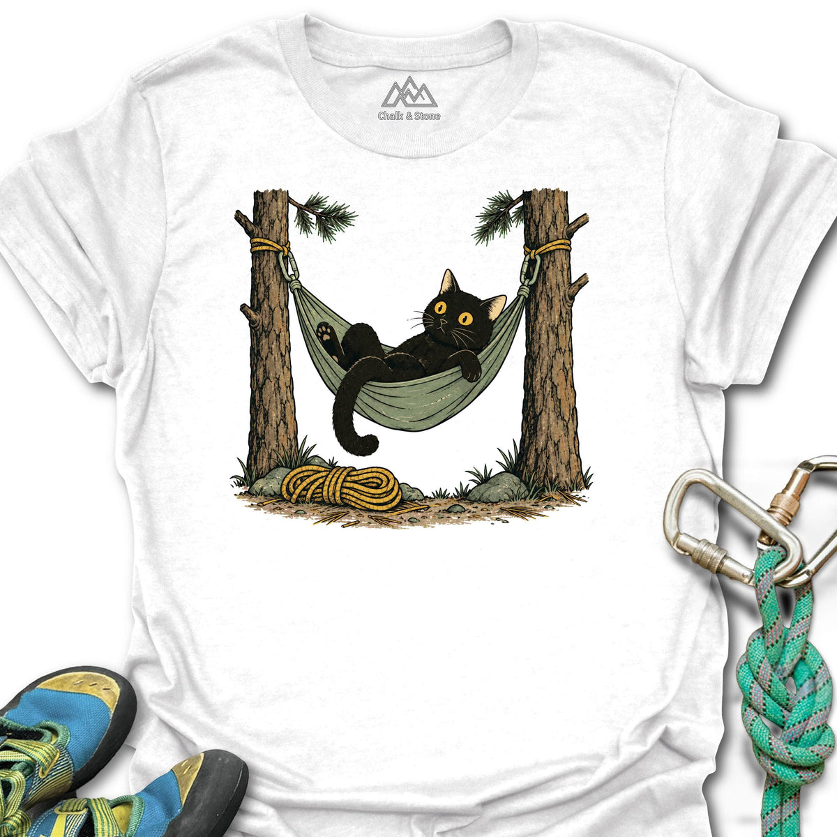 Hammock Cat Tee in White — flat lay mockup