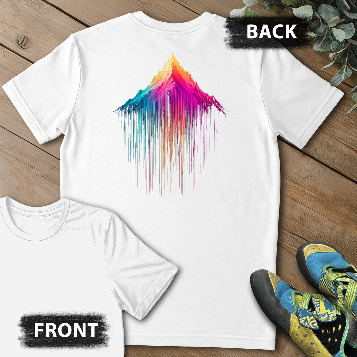 Mountain Showers Backprint Tee in White — flat lay mockup