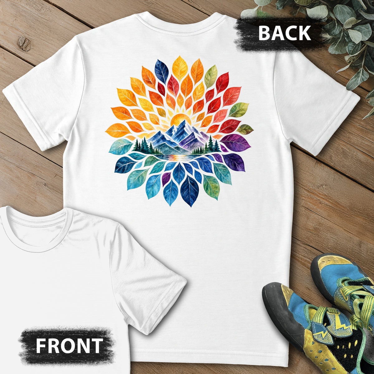 Mtn Color Feathers Backprint Tee in White — flat lay mockup