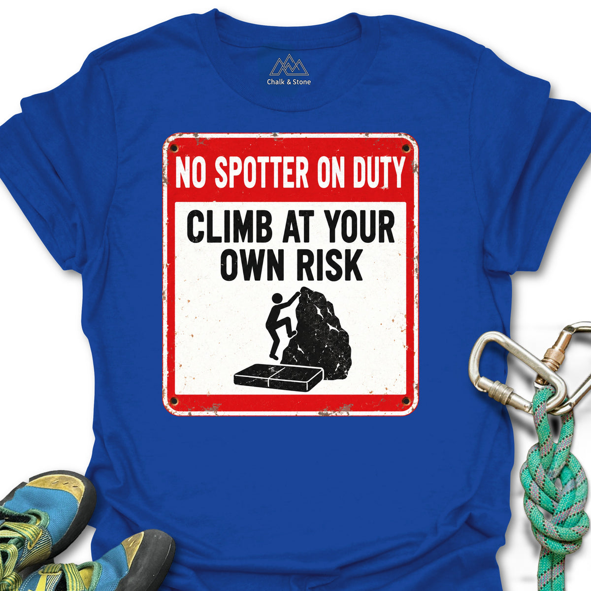 No Spotter On Duty Tee in Royal — flat lay mockup