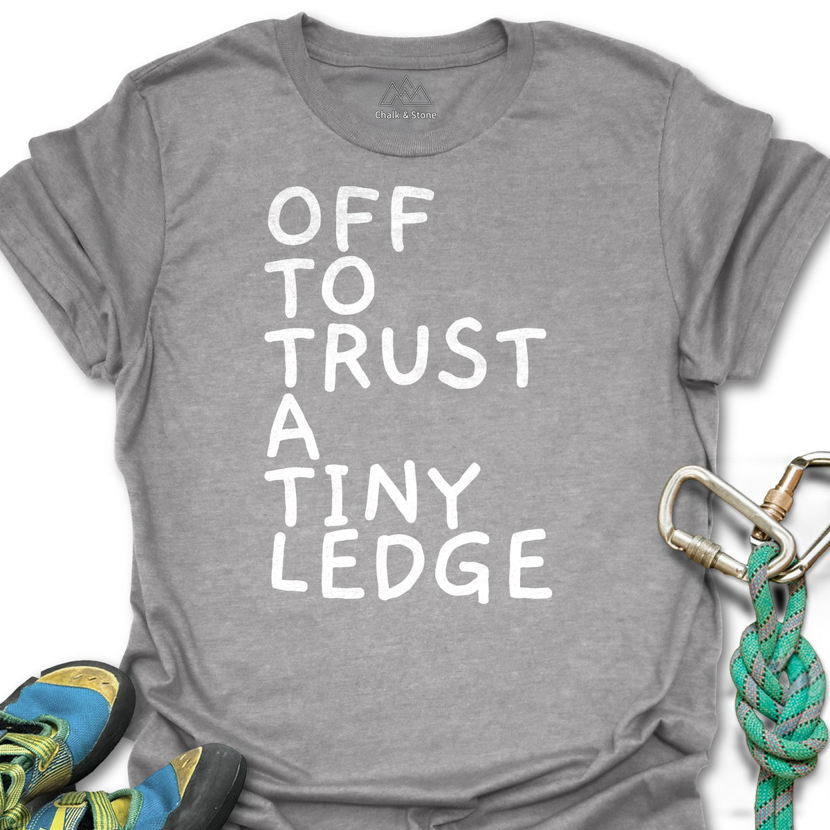 Off To Trust A Tiny Ledge White Tee in Sport Grey — flat lay mockup
