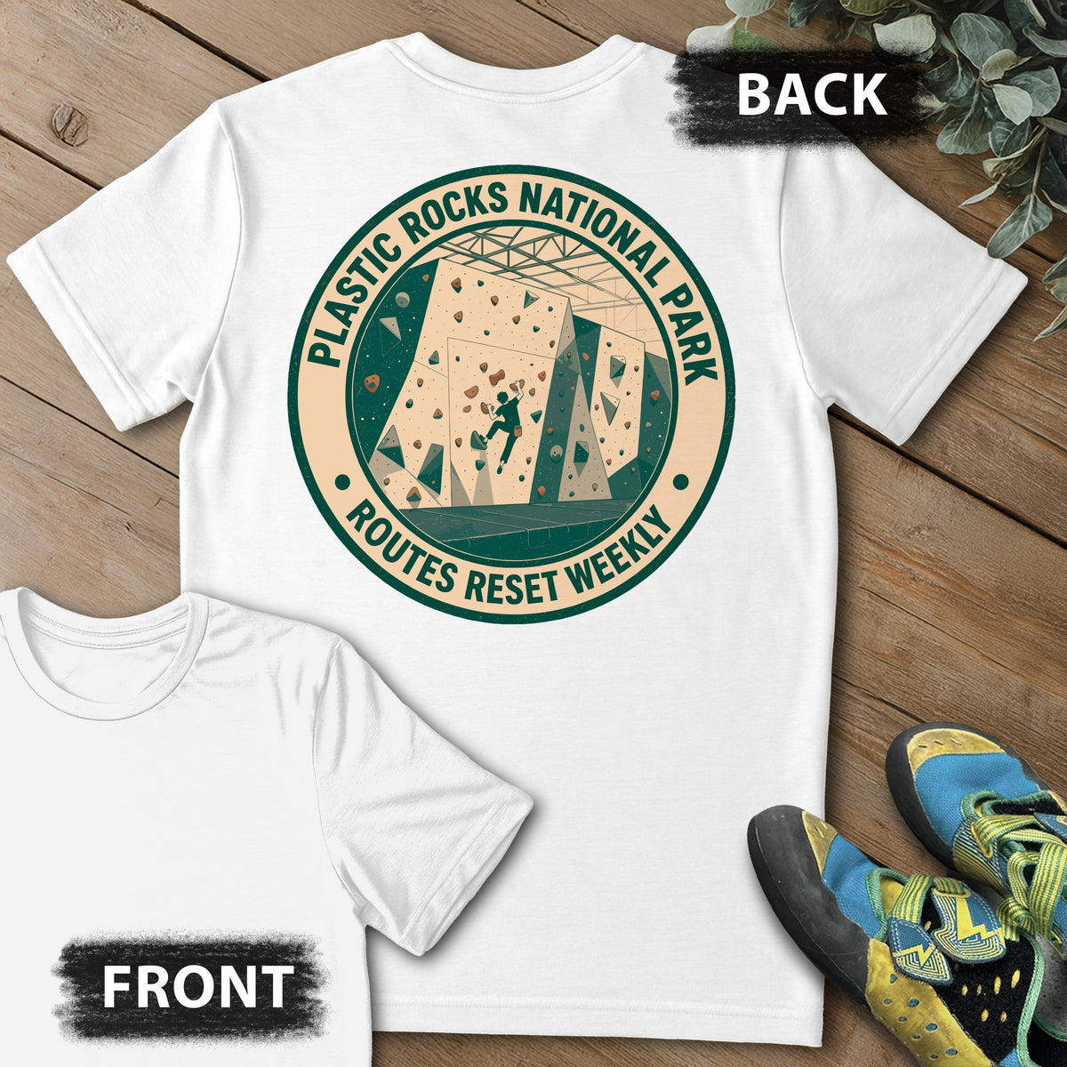 Plastic Rocks Natl Park Backprint Tee in White — flat lay mockup