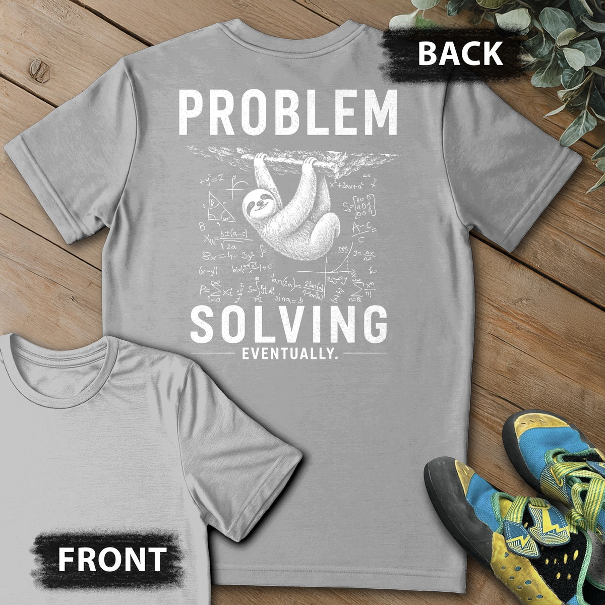 Problem Solving Eventually Backprint Tee in Sport Grey — flat lay mockup