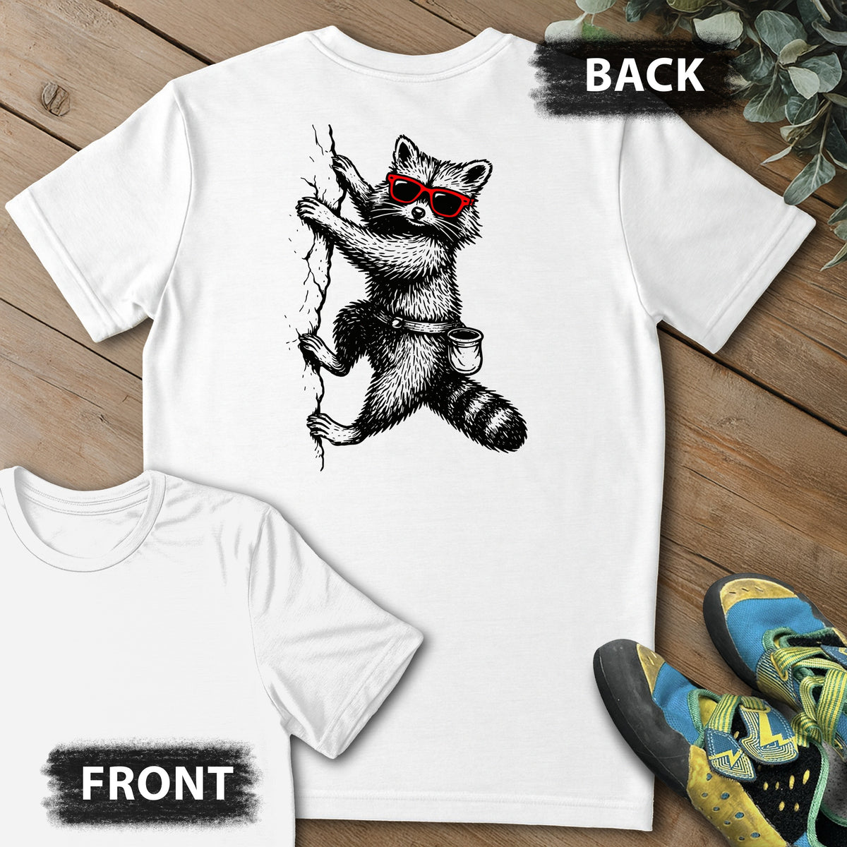 Raccoon Chillin Up a Cliff Backprint Tee in White — flat lay mockup