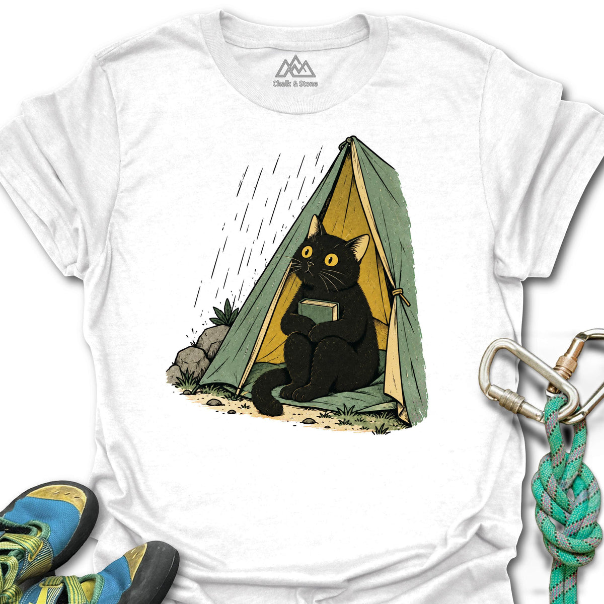 Rain Day Tent Cat Tee in White — flat lay mockup