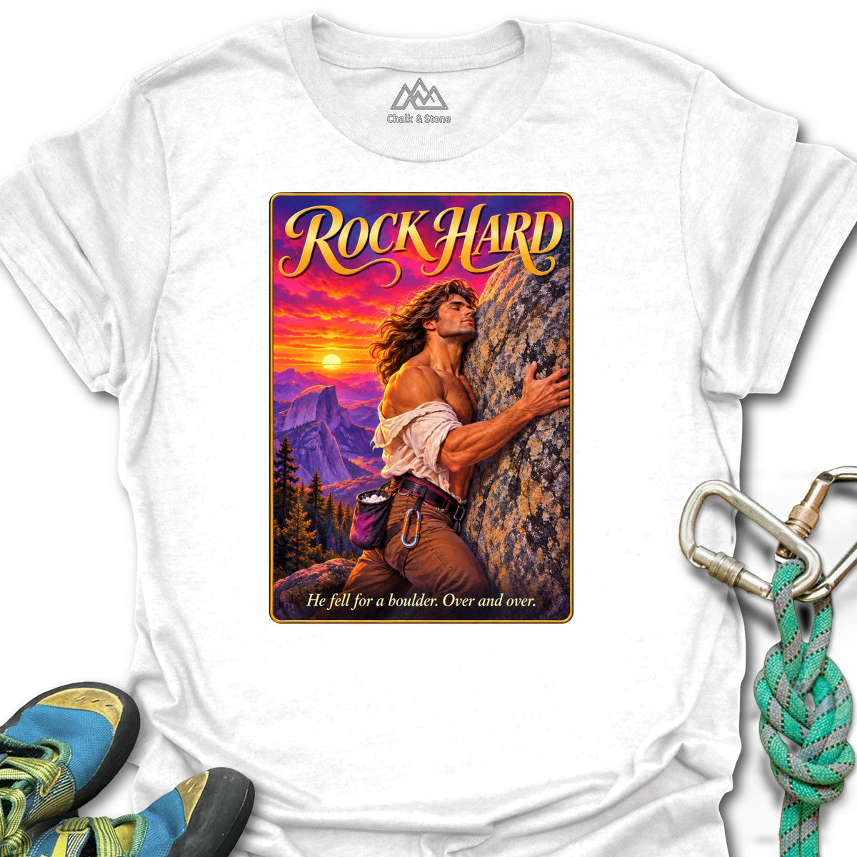 Rock Hard Romance Cover Tee in White — flat lay mockup