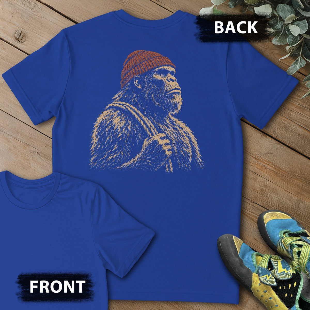 Sasquatch Reading Beta Beanie Backprint Tee in Royal — flat lay mockup