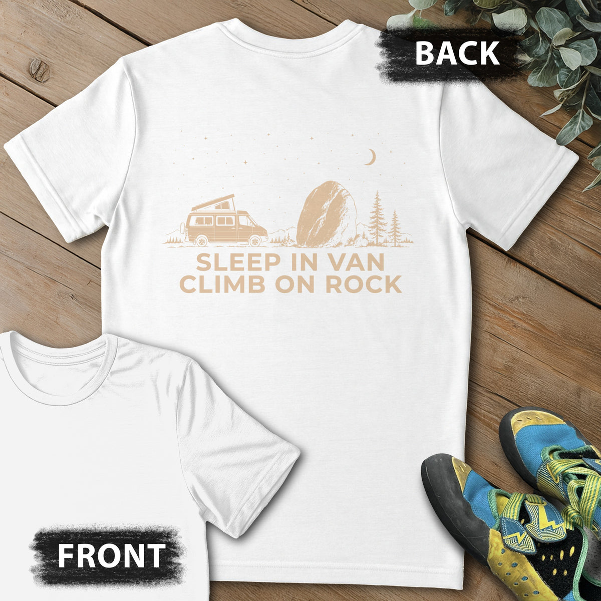 Sleep And Climb On Rock Backprint Tee in White — flat lay mockup