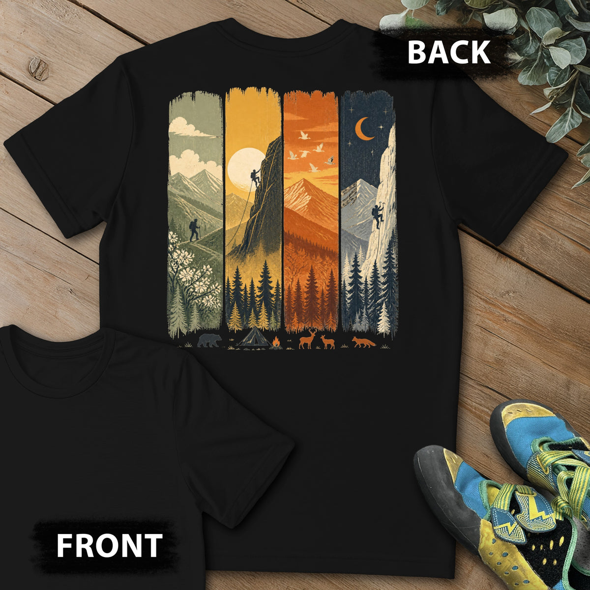 4 Season Climb Backprint Tee in Black — flat lay mockup