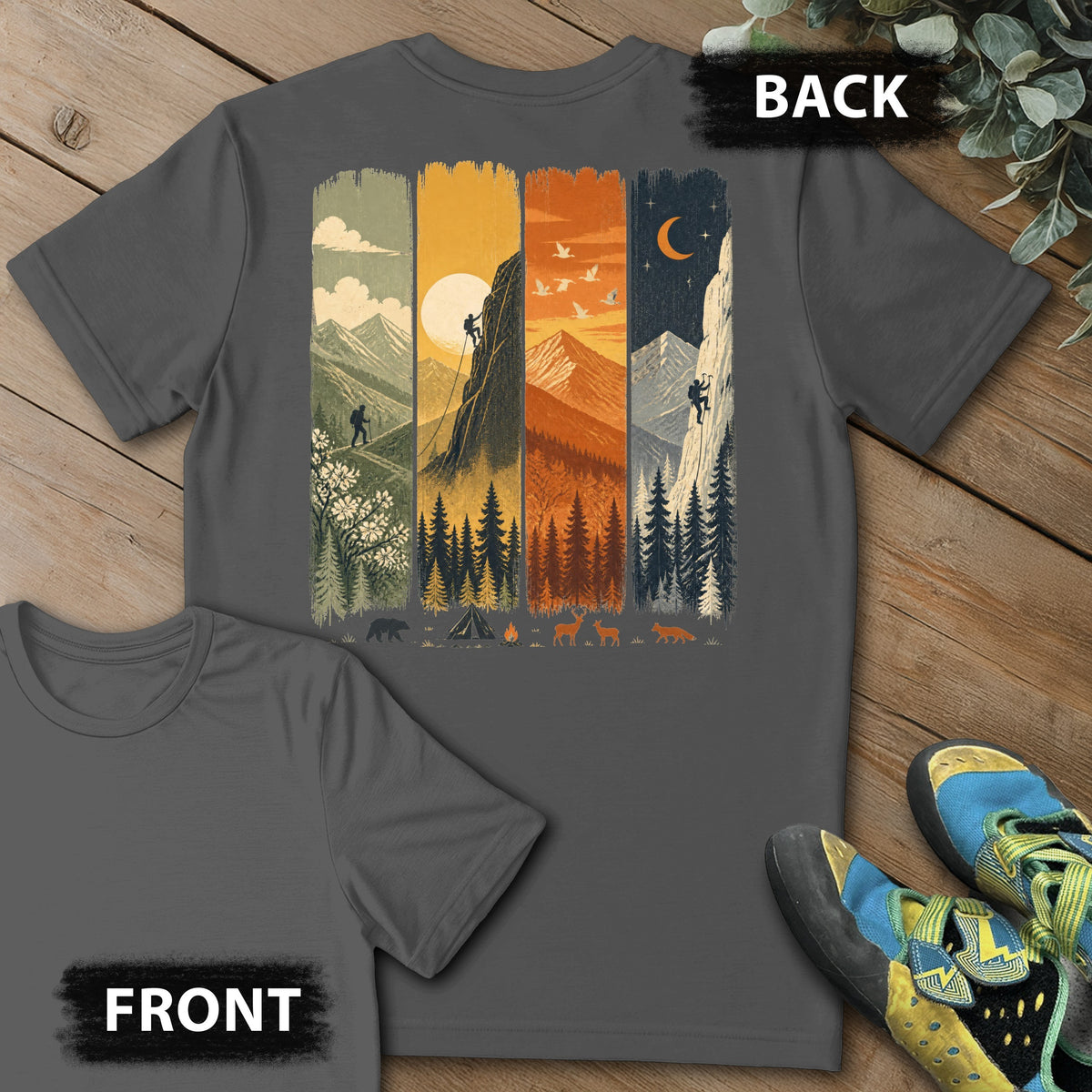 4 Season Climb Backprint Tee in Charcoal — flat lay mockup