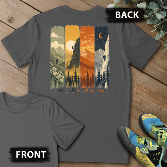 4 Season Climb Backprint Tee in Charcoal — flat lay mockup