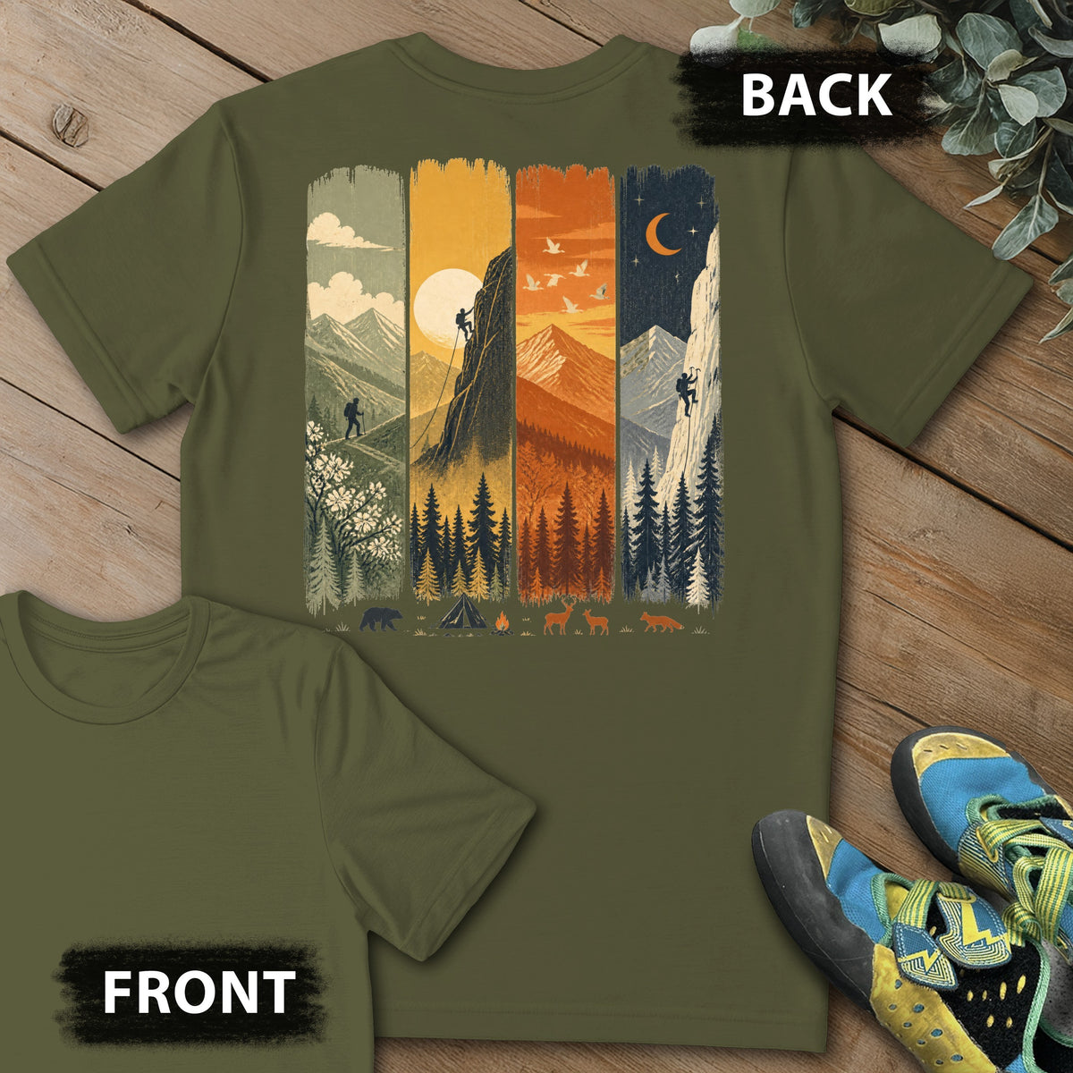 4 Season Climb Backprint Tee in Military Green — flat lay mockup