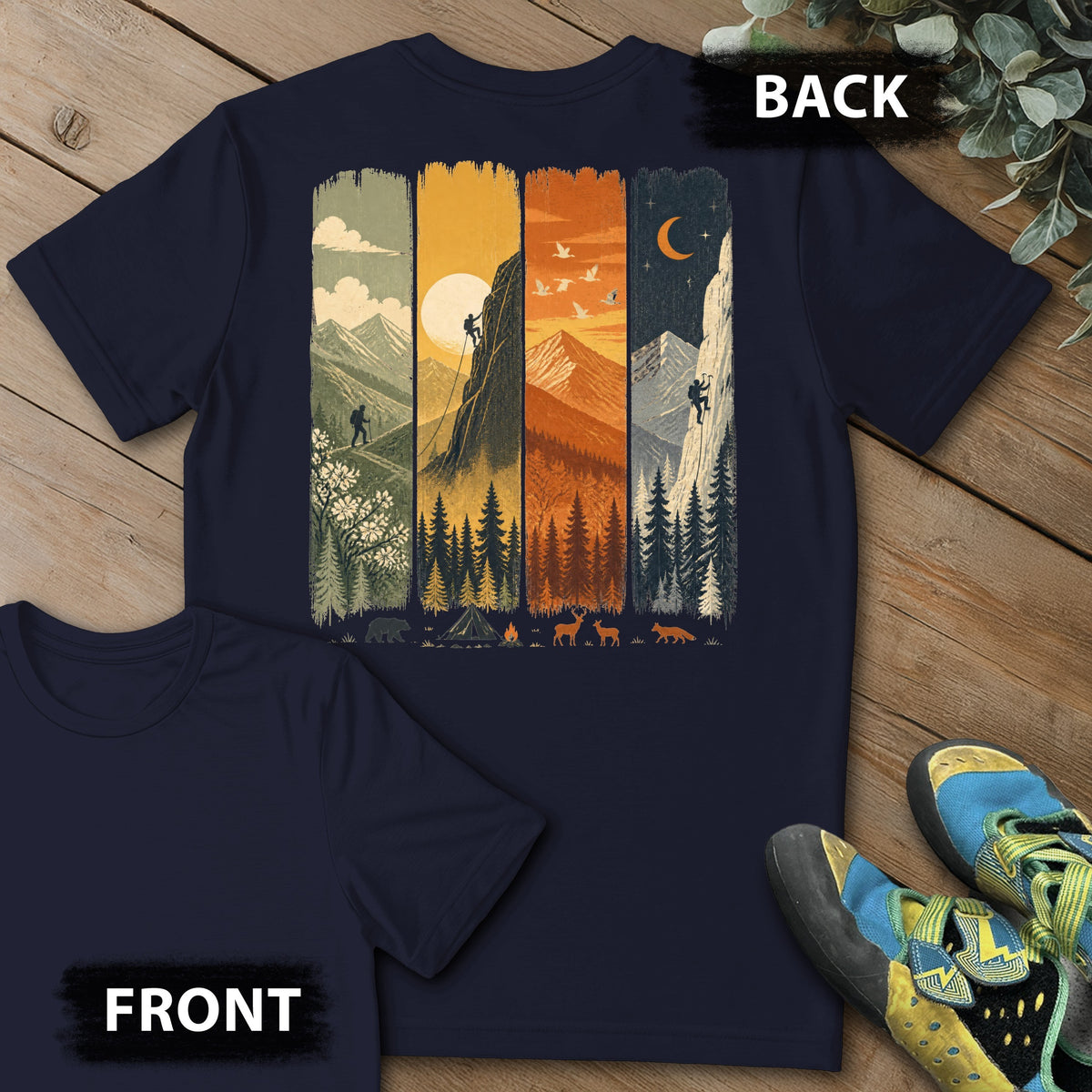 4 Season Climb Backprint Tee in Navy — flat lay mockup