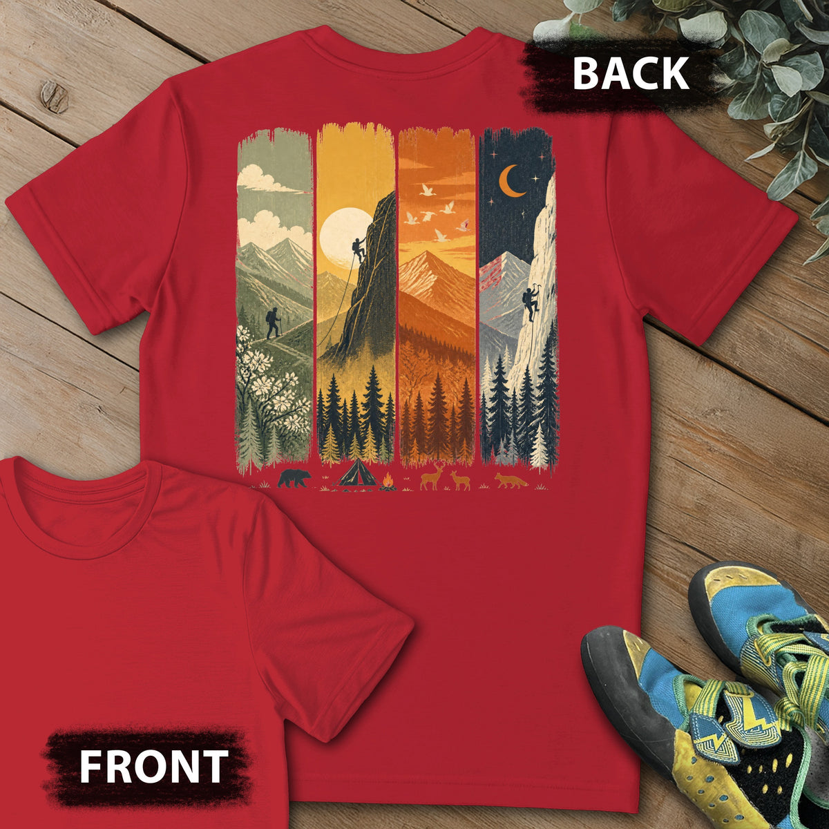 4 Season Climb Backprint Tee in Red — flat lay mockup