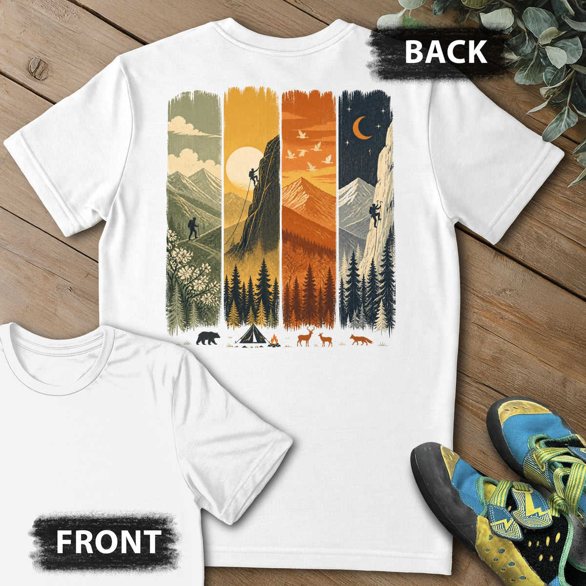 4 Season Climb Backprint Tee in White — flat lay mockup