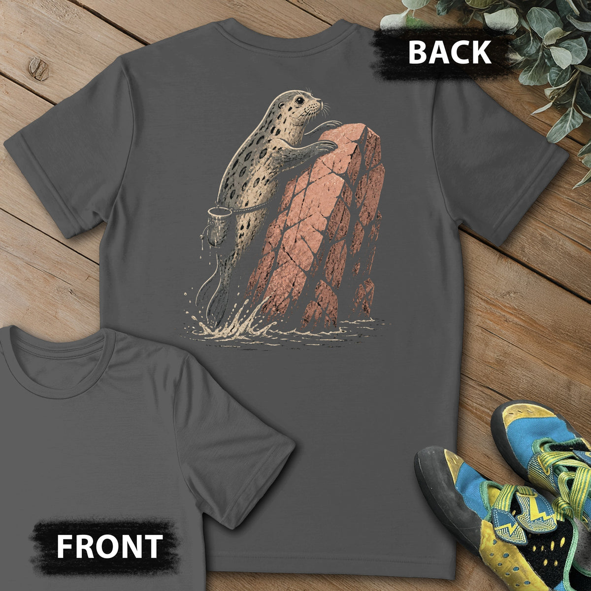 Acadia Deep Water Backprint Tee in Charcoal — flat lay mockup