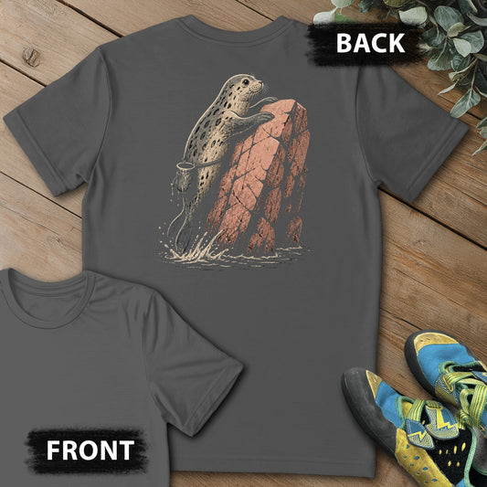 Acadia Deep Water Backprint Tee in Charcoal — flat lay mockup
