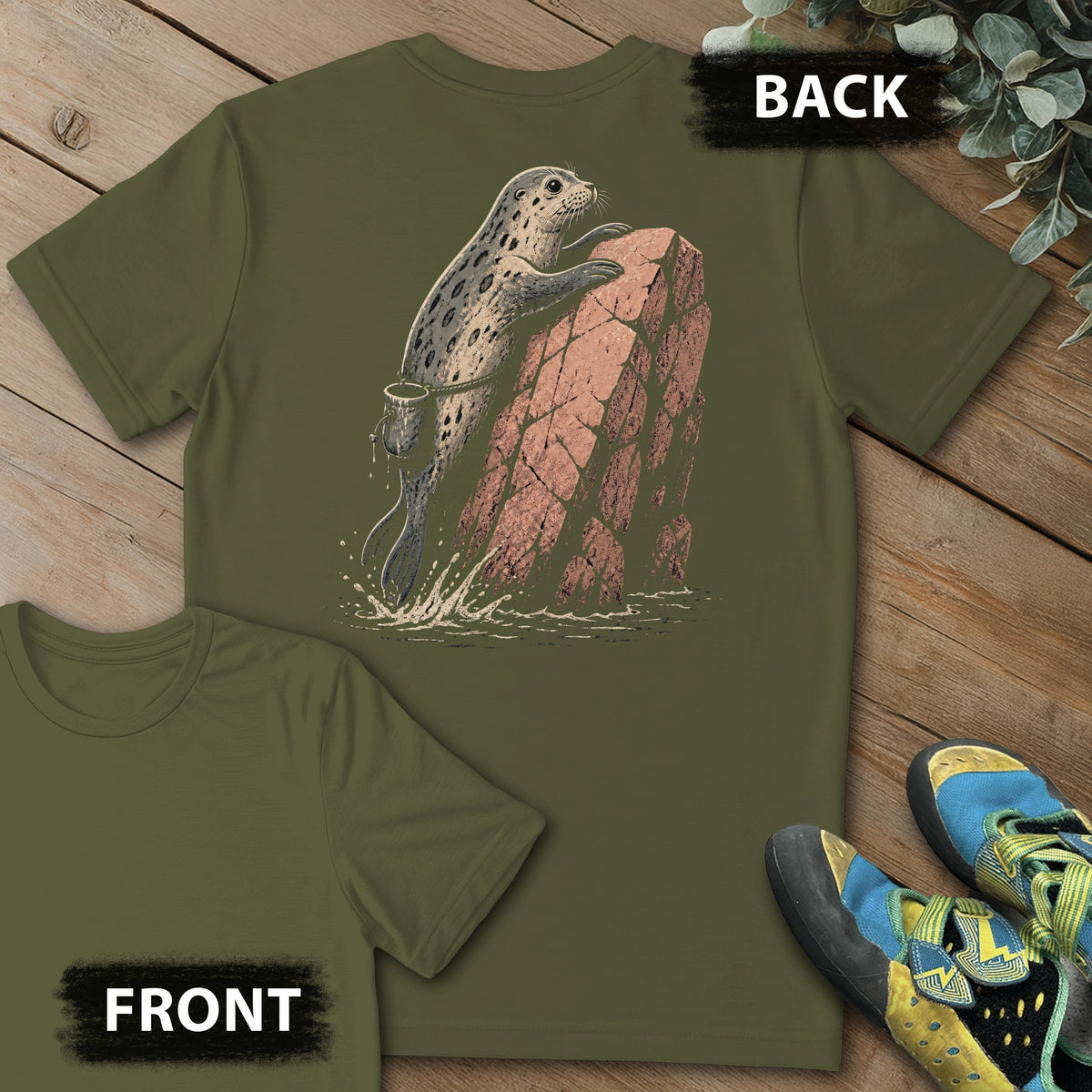 Acadia Deep Water Backprint Tee in Military Green — flat lay mockup