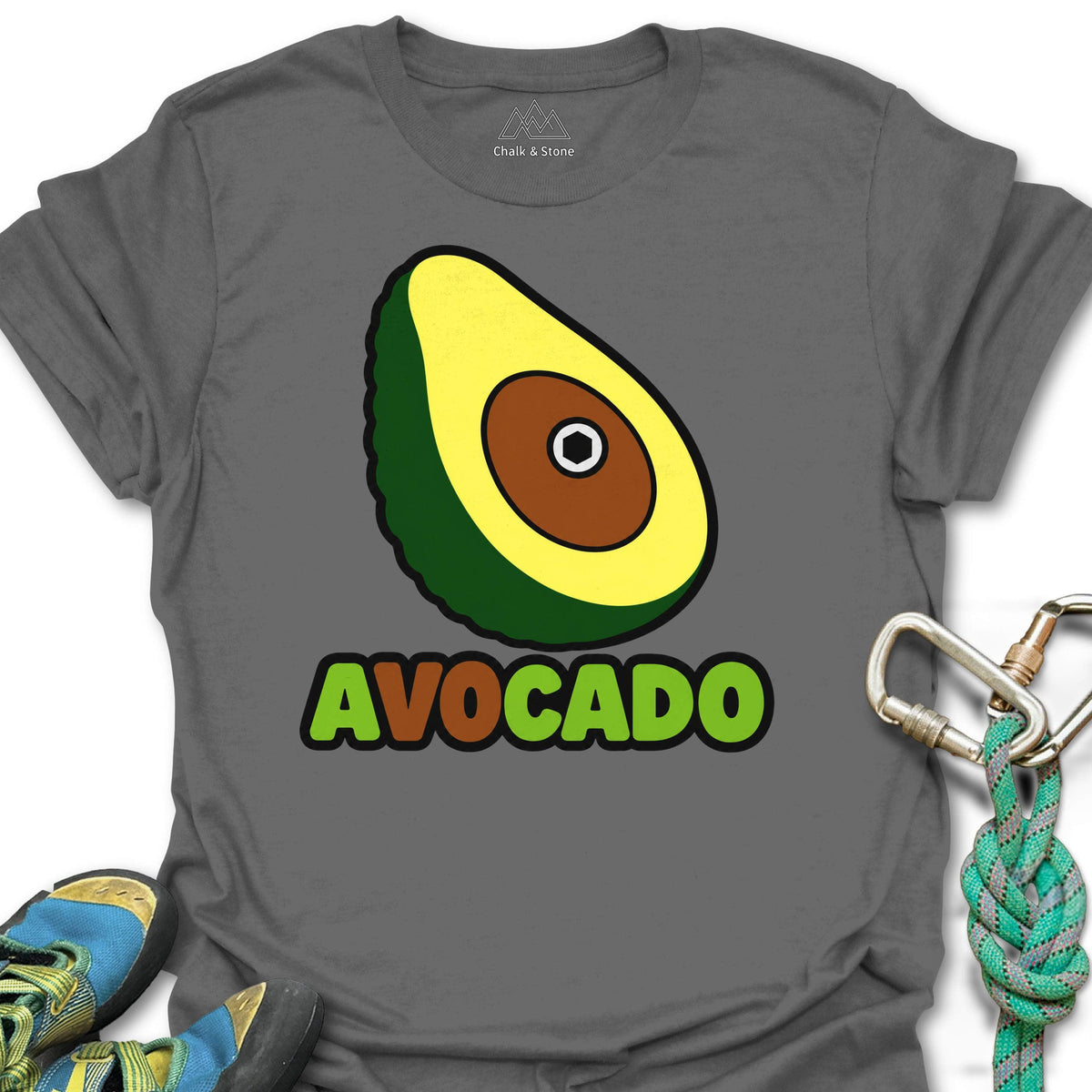 AV0CADO Avocado Hold Tee in Charcoal — flat lay mockup