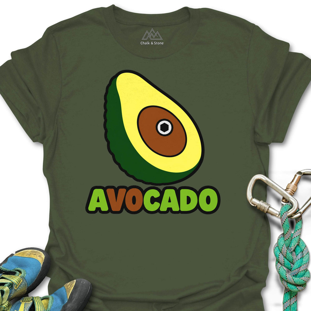 AV0CADO Avocado Hold Tee in Military Green — flat lay mockup