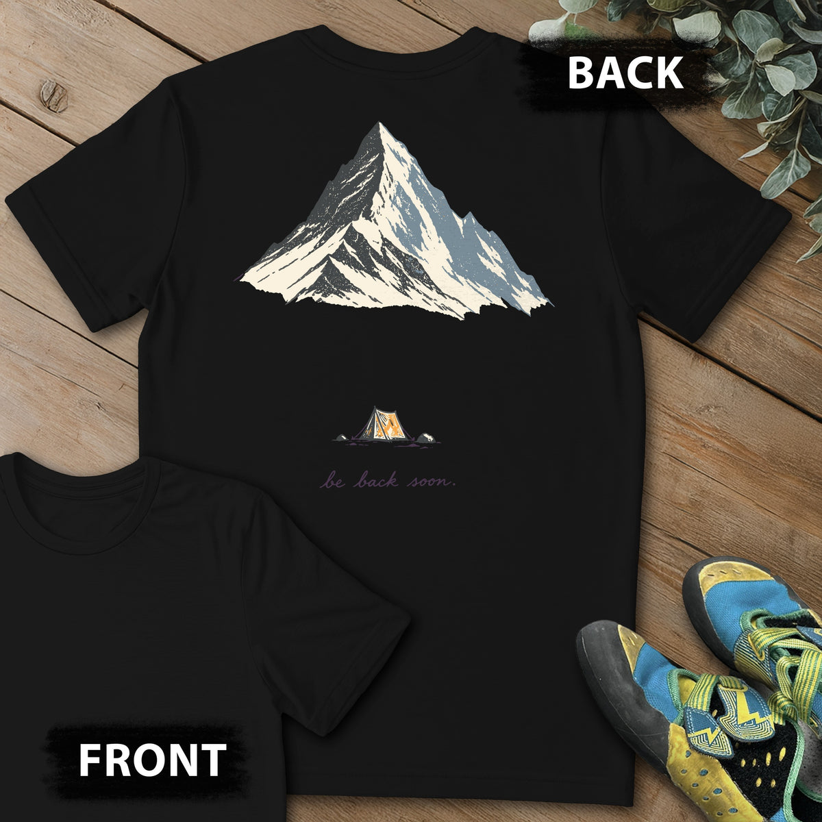 Back Soon Tent Backprint Tee in Black — flat lay mockup