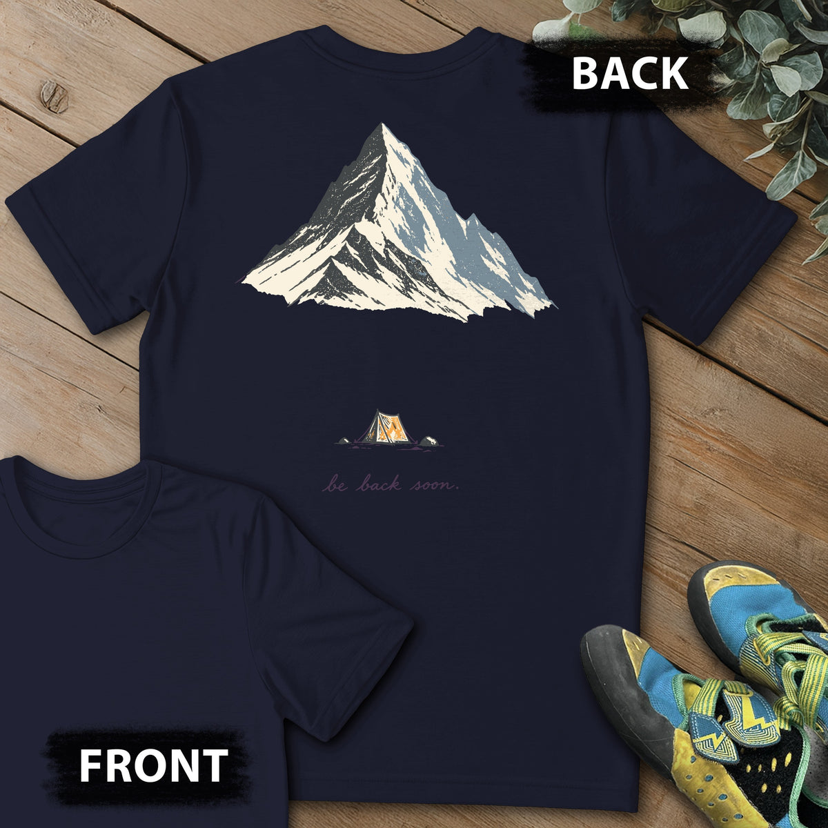 Back Soon Tent Backprint Tee in Navy — flat lay mockup