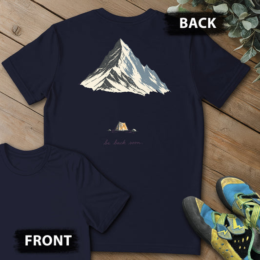 Back Soon Tent Backprint Tee in Navy — flat lay mockup