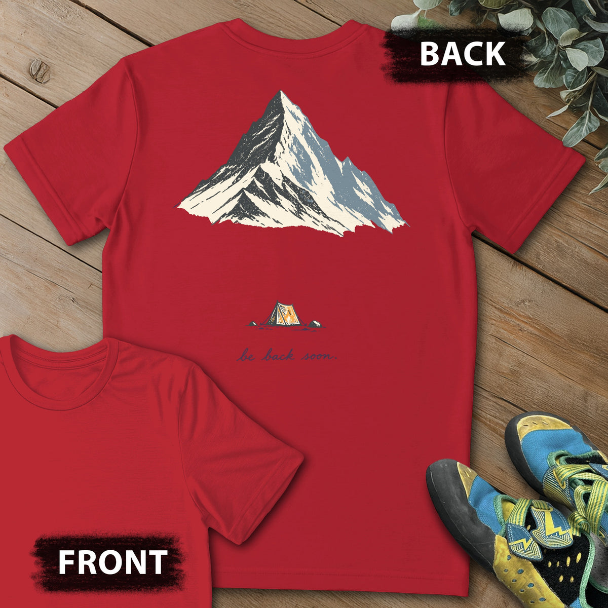 Back Soon Tent Backprint Tee in Red — flat lay mockup