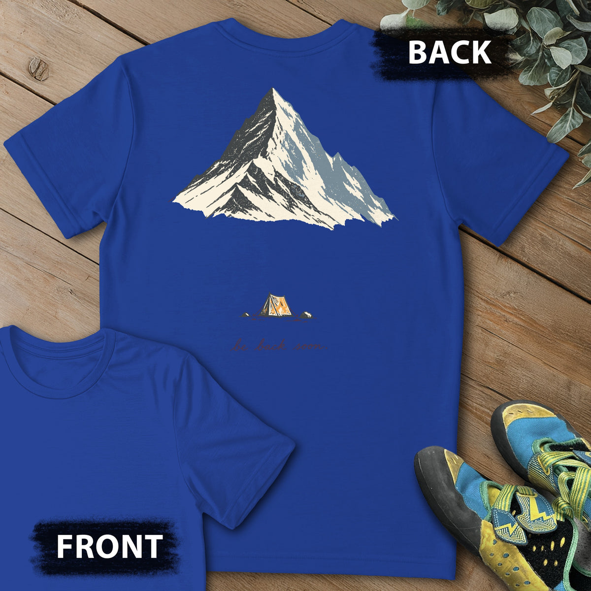 Back Soon Tent Backprint Tee in Royal — flat lay mockup