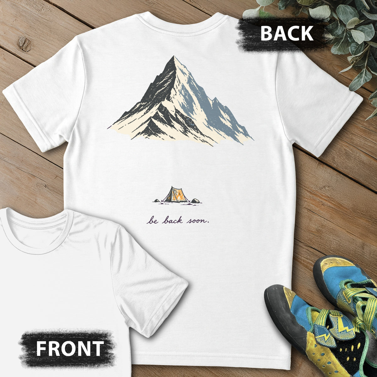 Back Soon Tent Backprint Tee in White — flat lay mockup