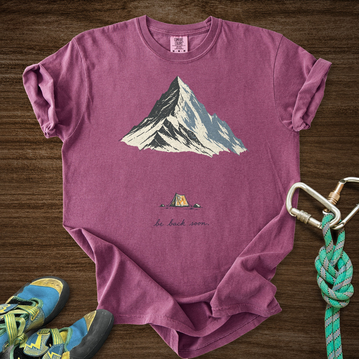 Back Soon Tent Premium in Berry — flat lay mockup