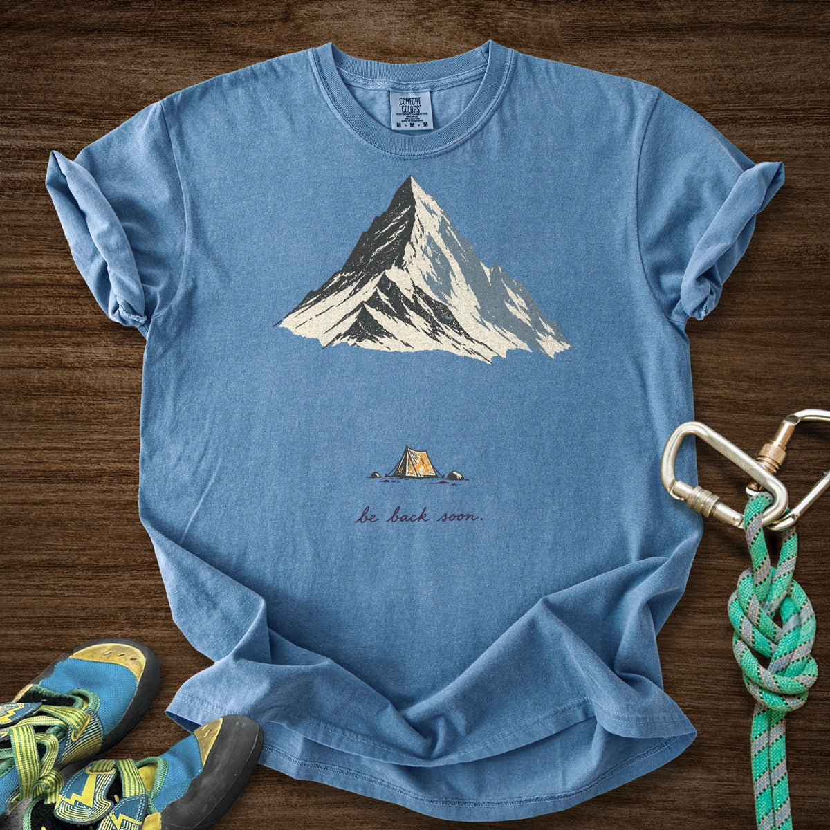 Back Soon Tent Premium in Blue Jean — flat lay mockup
