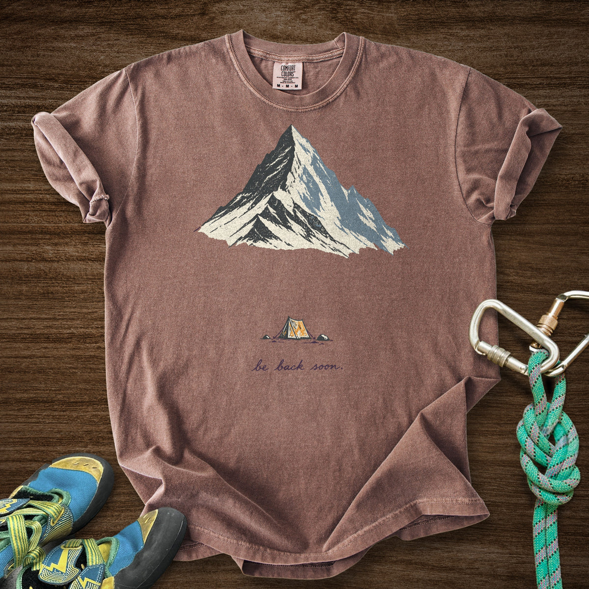 Back Soon Tent Premium in Espresso — flat lay mockup