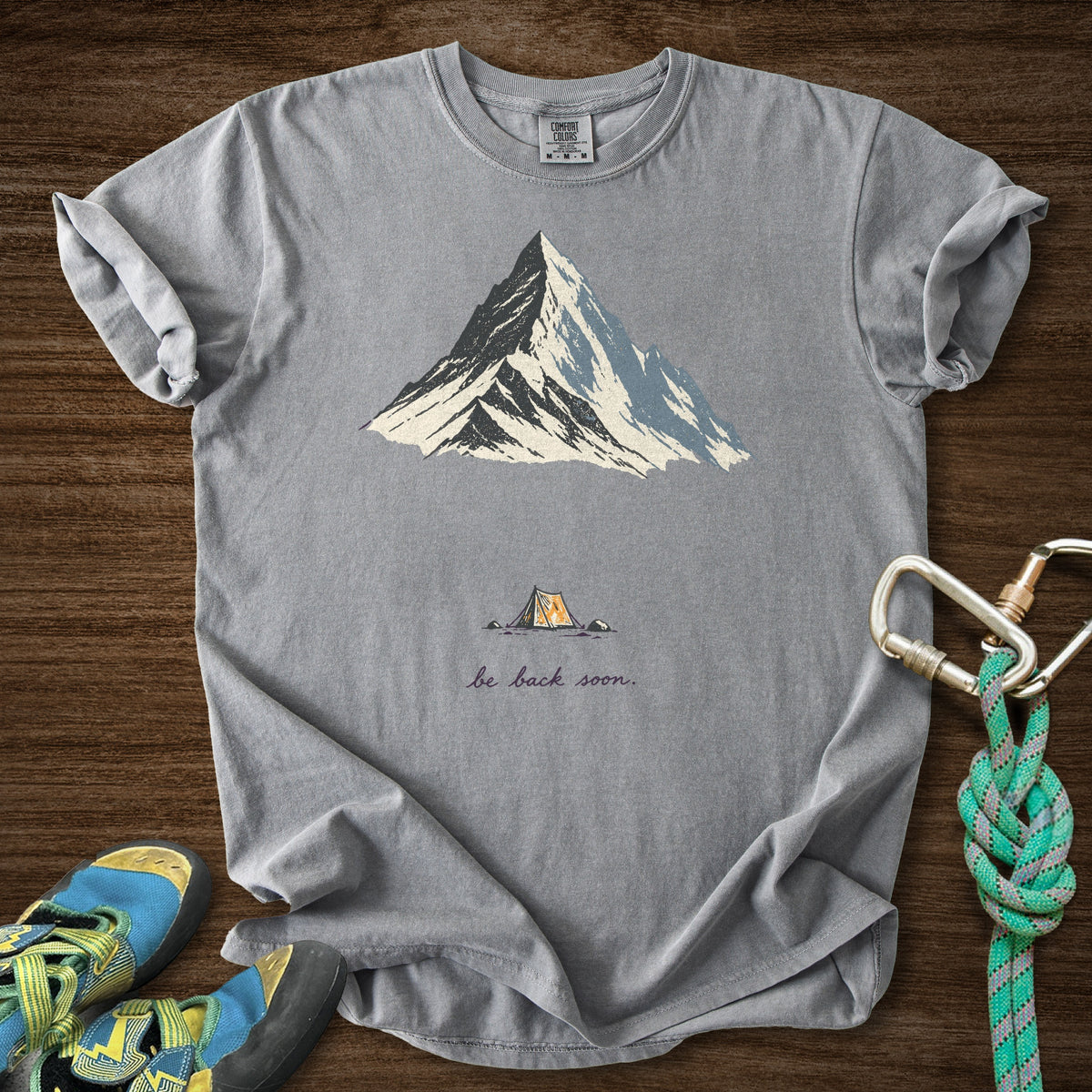 Back Soon Tent Premium in Grey — flat lay mockup