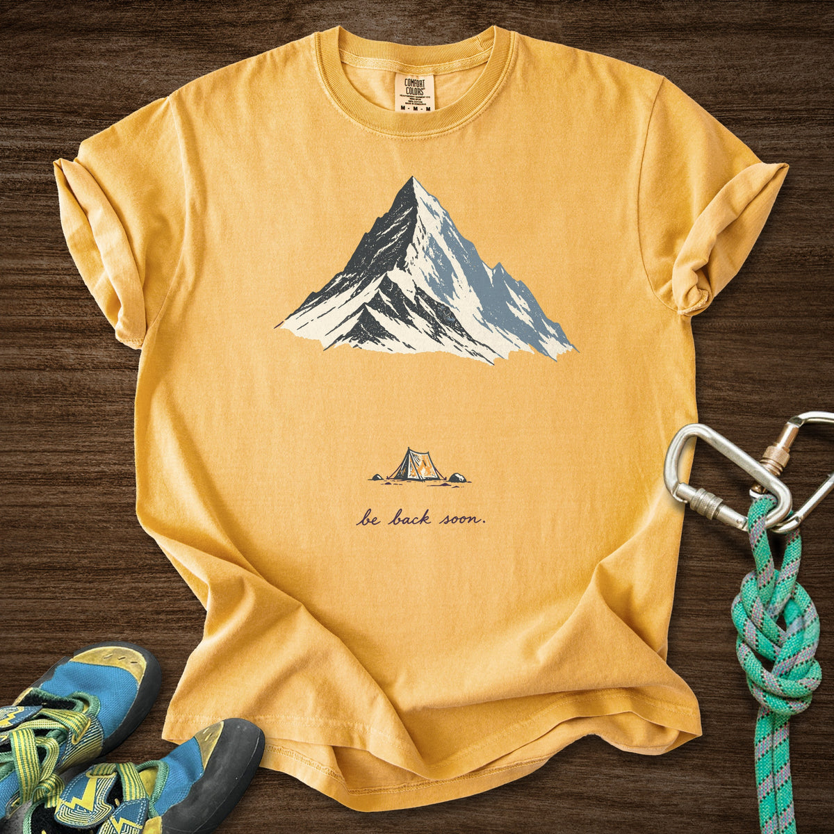Back Soon Tent Premium in Mustard — flat lay mockup