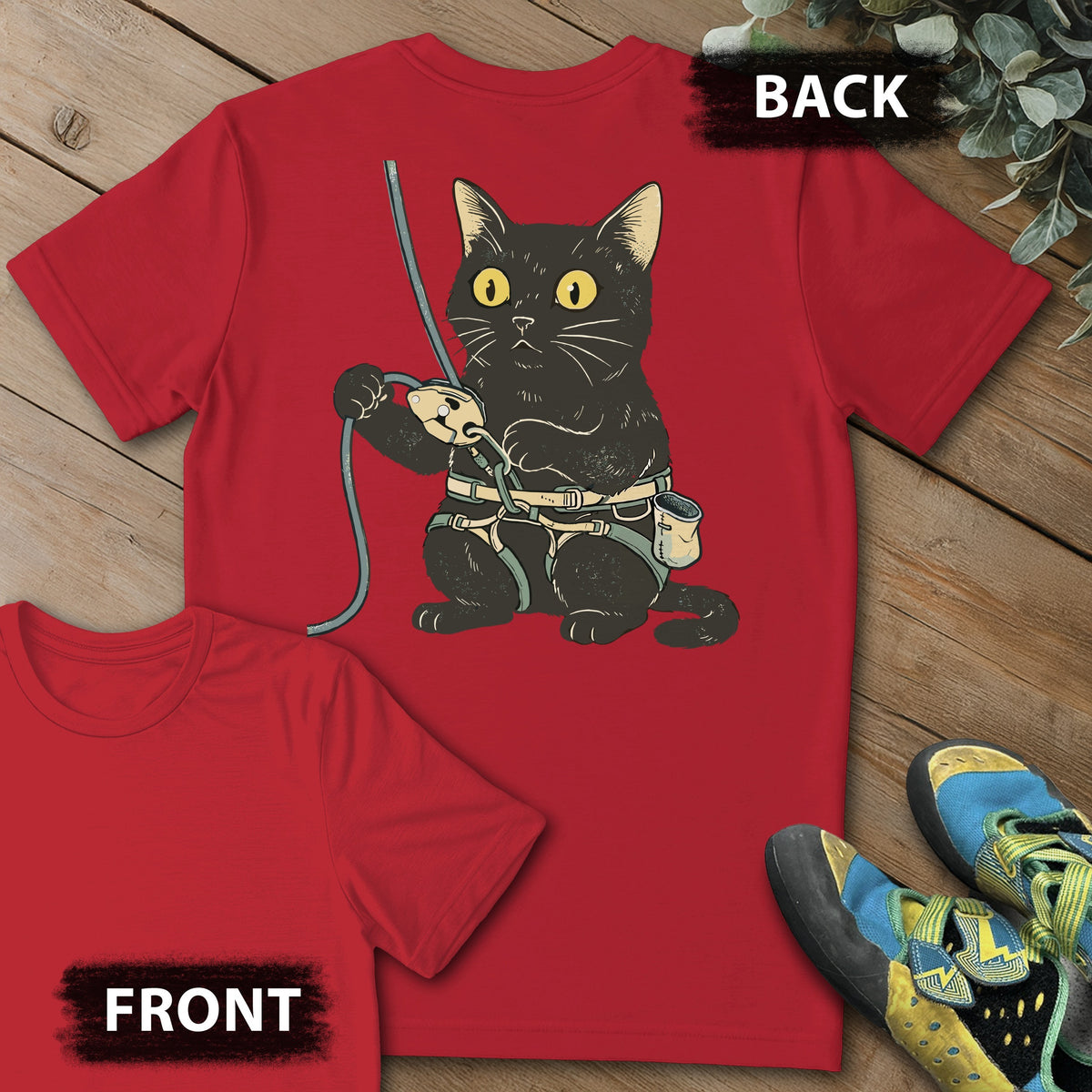 Belay Cat Backprint Tee in Red — flat lay mockup