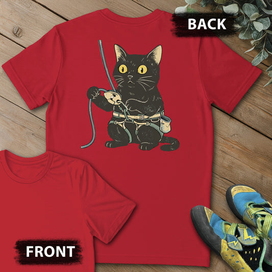 Belay Cat Backprint Tee in Red — flat lay mockup