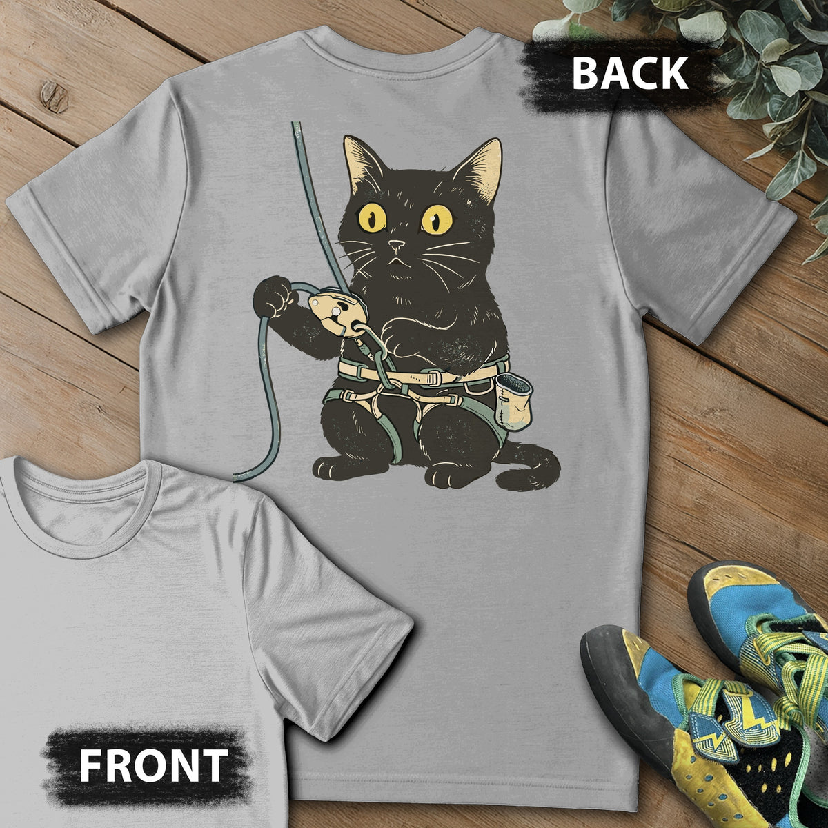 Belay Cat Backprint Tee in Sport Grey — flat lay mockup